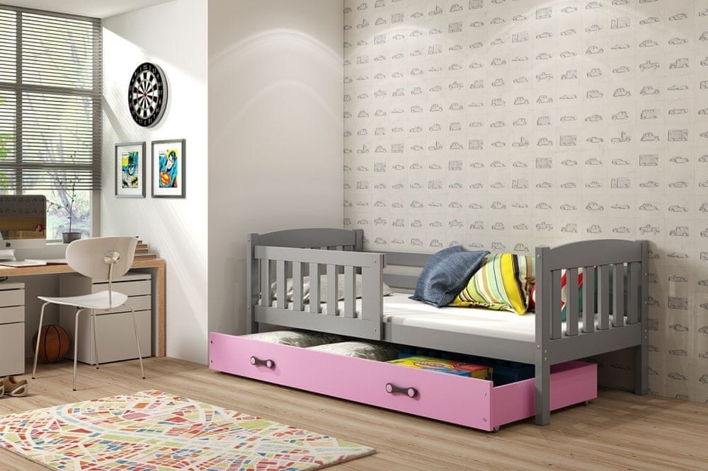 eoshop Detská posteľ Kubus - 1 osoba, 90x200 s úložným priestorom - Grafit, Ružová